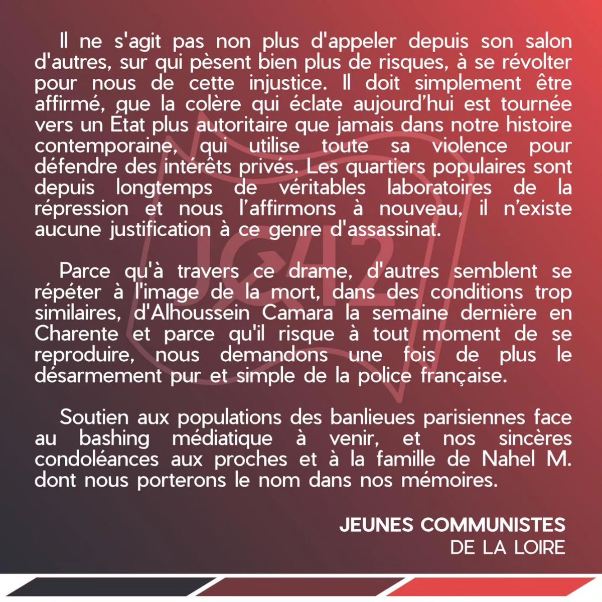 🔴 Communiqué de la JC42 suite au meurtre du jeune Nahel par la police.

📍Rassemblement ce soir à 19h place du Peuple à Saint-Étienne. Soyons nombreux et nombreuses !