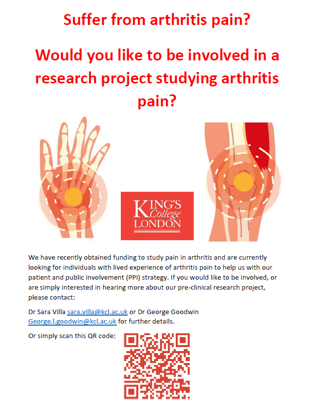 Sara Villa (@villascience) on Twitter photo Hey #ChronicPain peeps!
Anyone living with arthritis pain (OA, RA...) that would be willing to help us shape our research studies and PPI strategy at different levels?
Looking forward to hear from you!
<a href="/PainConcern/">Pain Concern</a> <a href="/PainChampions/">Chronic Pain Champions</a> <a href="/BritishPainSoc/">The British Pain Society</a> Hey #ChronicPain peeps!
Anyone living with arthritis pain (OA, RA...) that would be willing to help us shape our research studies and PPI strategy at different levels?
Looking forward to hear from you!
<a href="/PainConcern/">Pain Concern</a> <a href="/PainChampions/">Chronic Pain Champions</a> <a href="/BritishPainSoc/">The British Pain Society</a>