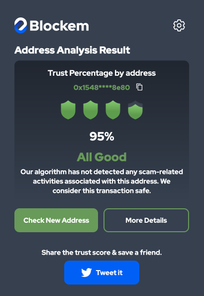 Playing around with <a href="/Blockem_eth/">Blockem AI: Crypto Scam Blocker</a> 👀
0x1548ef1335f17d5c92cdf7301e2fd7c879d18e80 aka l00kin.eth has a trust score of 95%. Find out your trust score with the free app.blockem.io Crypto Scam Blocker