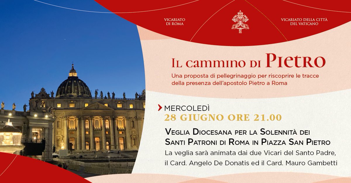 FratelliTuttiF's tweet photo. Ultima tappa de “Il Cammino di Pietro”.

Questa sera, alle 21, ci ritroveremo in piazza San Pietro per la veglia diocesana in occasione della solennità dei Santi Pietro e Paolo, patroni di Roma. https://t.co/eFaaoFZnNx