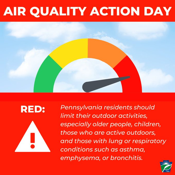 Per <a href="/PennsylvaniaDEP/">PA Department of Environmental Protection</a>, a Code🔴Air Quality Alert is in effect for all of PA today

⏬A wind shift is bringing the Canadian wildfire smoke back to PA

Poor air quality means you should limit time outdoors and check on those who normally have breathing issues

<a href="/PEMAHQ/">Pennsylvania Emergency Management Agency</a> #PAWX