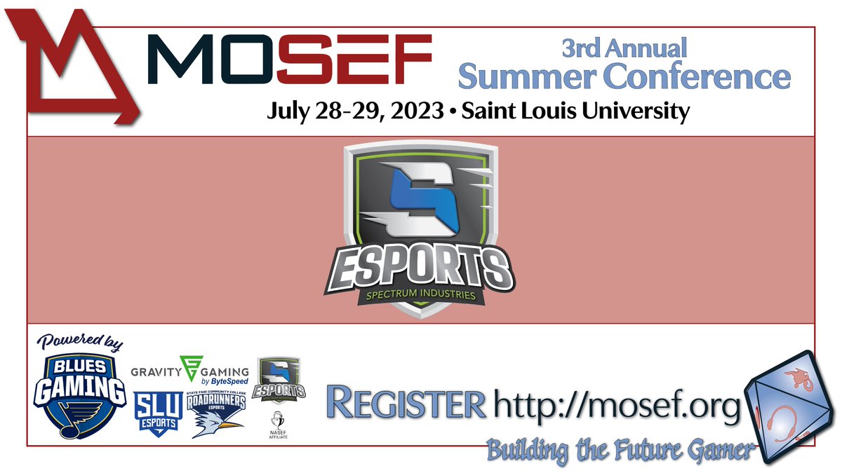 We are partnering with <a href="/spectrumind/">Spectrum Industries</a> to help schools navigate all of things needed to create a comprehensive gaming space. New and established programs will want to visit their booth and check out their break out session. <a href="/SDornSpectrum/">Scott Dorn</a> 

Register: mosef.org/summer-confere…