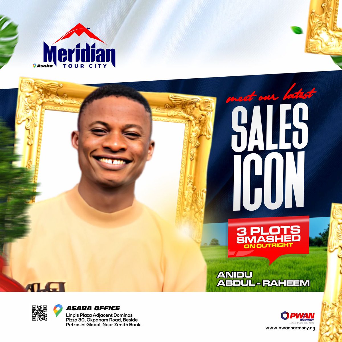 TO A SALES KING(ANIDU ABDUL - RAHEEM) CONGRATULATIONS ANIDU ABDUL - RAHEEM we admire your passion for real estate and the energy you give your marketing as a PBO, In the coming days we hope to celebrate you more. He smashed 3plots of Meridian Tour City Estate on Outright.
