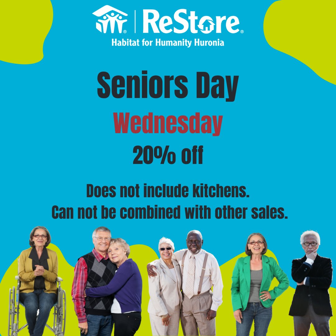 Share the news! Every Wednesday is #Seniors Day at the #Barrie and #Alliston ReStore! Enjoy 20% off your purchase! 
(Does not include kitchens and can not be combined with other sales/discounts).