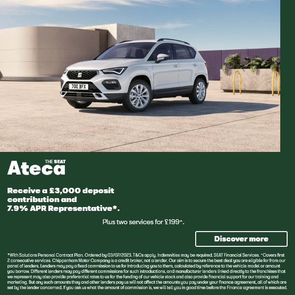 The #SEATateca.
Receive a £3,000 deposit contribution and 7.9% APR Representative*.
Plus two services for just £199^.
Order your new SEAT Ateca today: my.mtr.cool/cqfqueykqh

#Chippenham