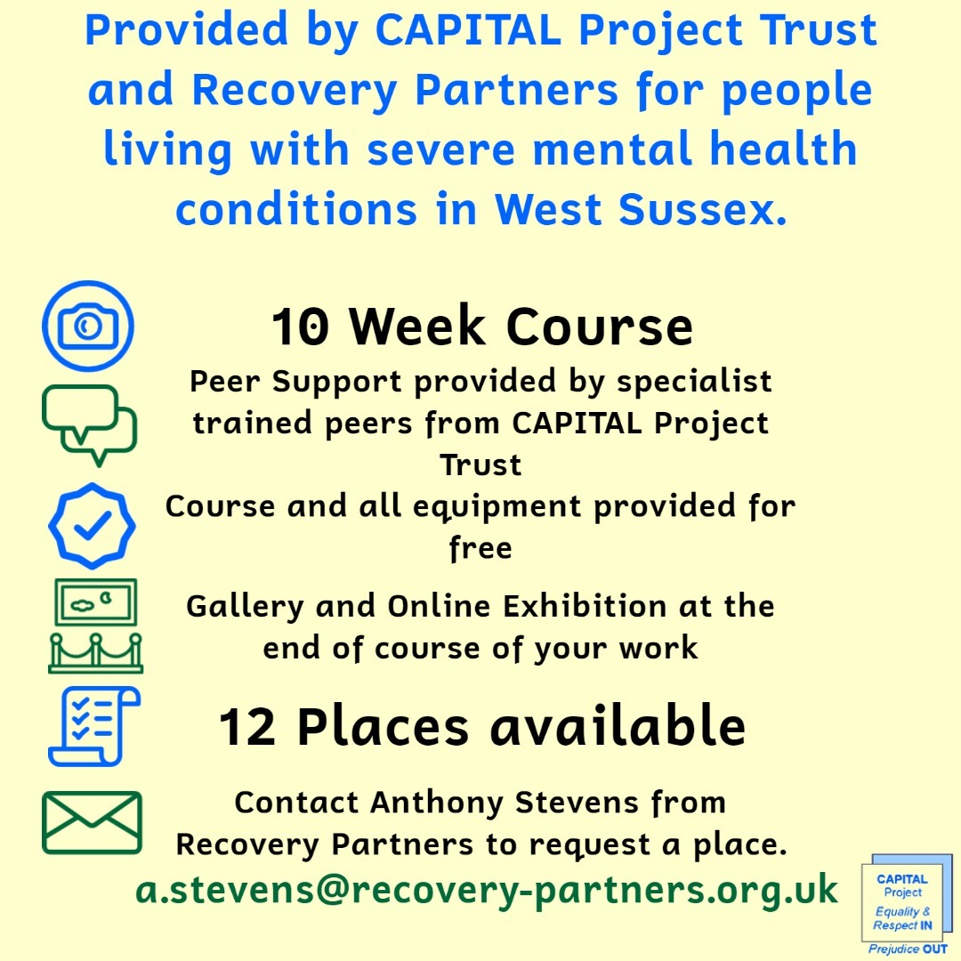 CAPITAL_Charity's tweet photo. #CAPITALProjectTrust and @peer_partners are partnering to bring a #free #photography course for people with severe #mentalhealth conditions living in #WestSussex; accompanied by #peersupport provided by our specialist trained CAPITAL Peers.
#MentalHealthMatters https://t.co/Tt9bvGI5B3