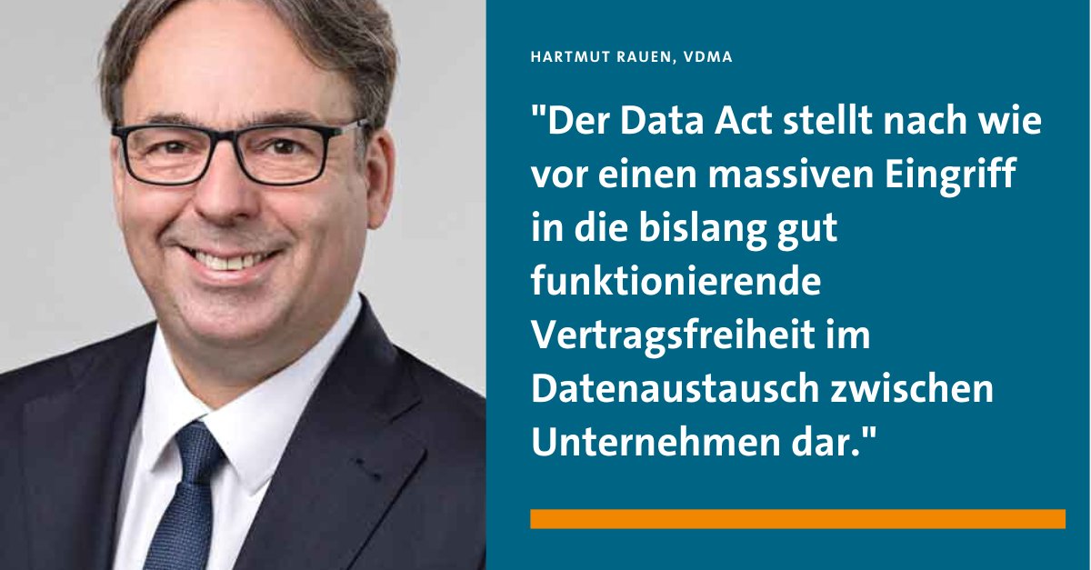 VDMAonline's tweet image. Der #EU #DataAct ist ein massiver Eingriff in die bislang gut funktionierende Vertragsfreiheit im Datenaustausch zwischen Unternehmen dar. Für diesen Datenaustausch wäre das Gesetz nicht nötig gewesen vdma.org/viewer/-/v2art…