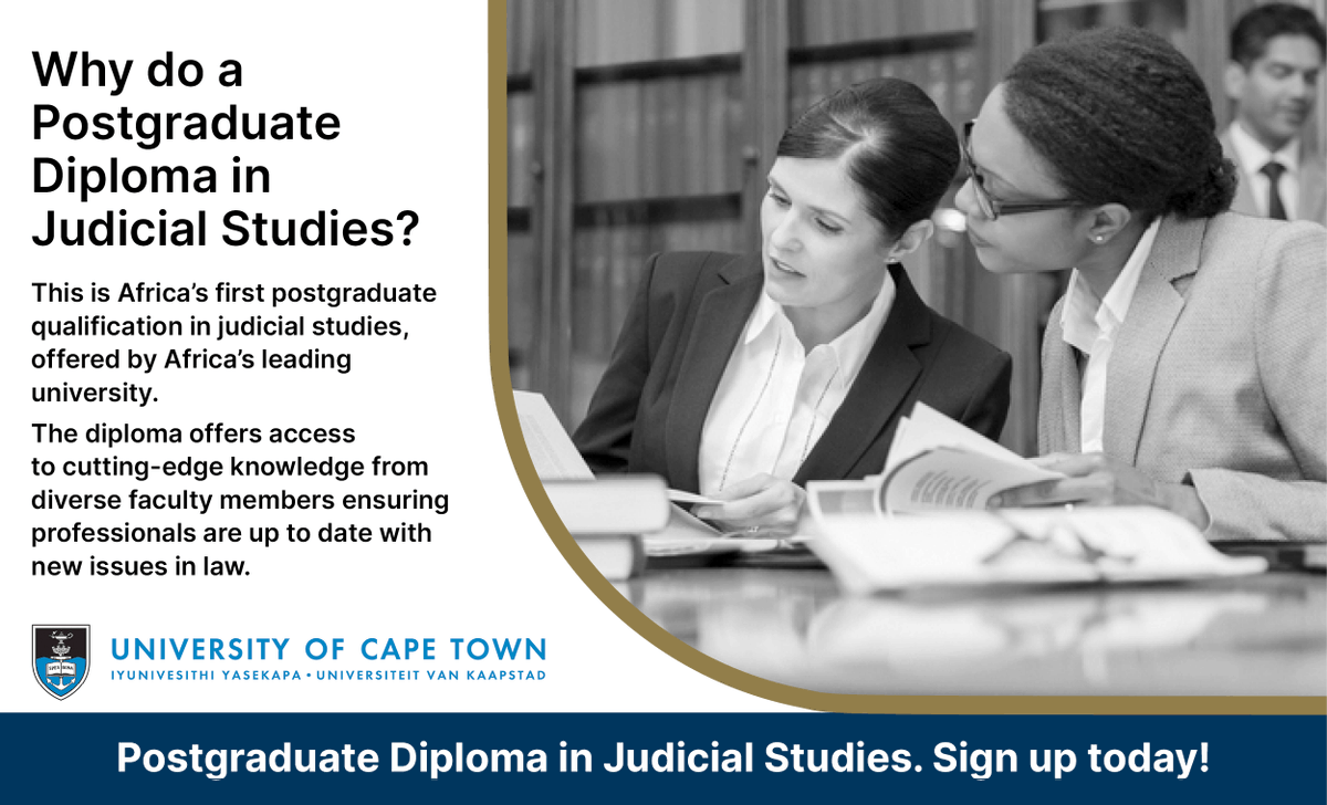 JIFA_Official's tweet photo. The @UctLaw Postgraduate Diploma in Judicial Studies offers access to cutting-edge knowledge from diverse faculty members, ensuring professionals are up to date with new issues in law. 
Want to know more? https://t.co/eJfOIKD5FS
#Postgradstudies #judicialstudies #UCTLaw https://t.co/Cekd51M4rR