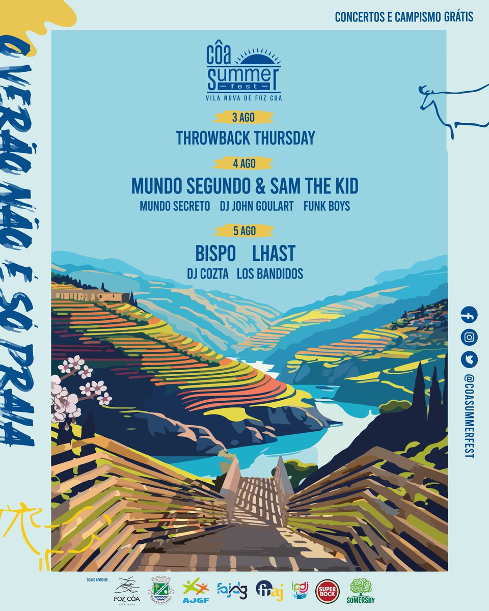 A edição 2023 do teu Côa Summer Fest está aí à porta! 🔥

Qual destes concertos não vais querer perder?

3, 4 e 5 de agosto em Vila Nova de Foz Côa 😎

#coasummerfest #overãonãoésópraia