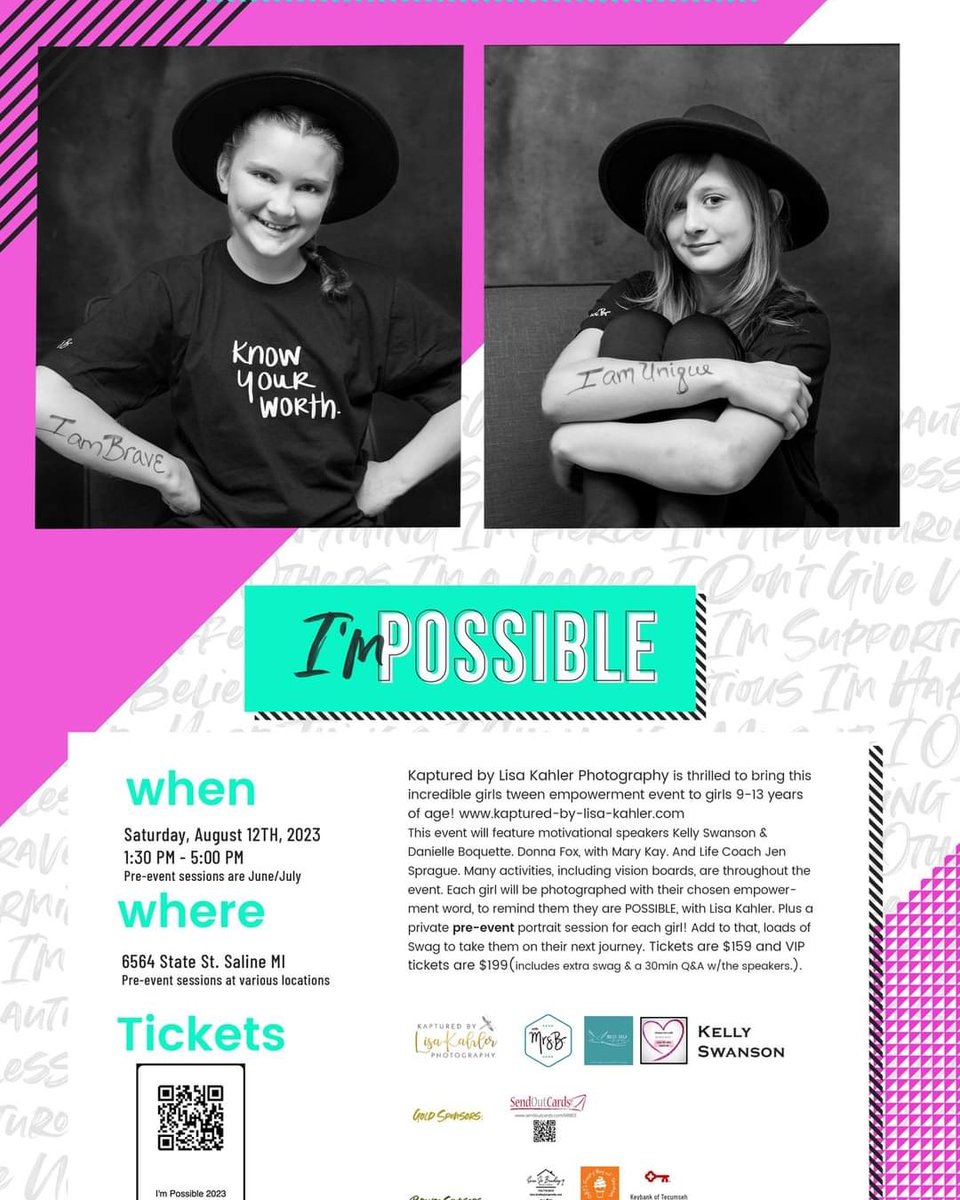 Do you have a tween daughter? That awkward age of change that leaves them needing that boost of confidence, a day of empowerment for themselves. Then this event is for them! Amazing speakers! kaptured-by-lisa-kahler.com/im-possible-gi…