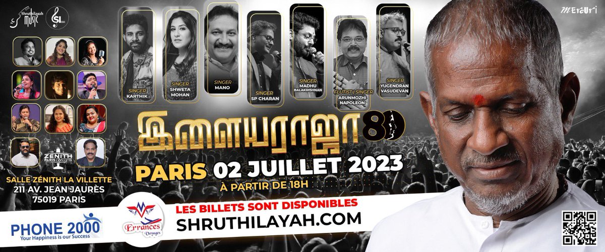 See you Soon France! 🇫🇷 Sunday, July 02, 2023 at the Le Zenith Paris La Villette, Paris, France.. #IlaiyaraajaliveinFrance @OneMercuri @Shruthilayah