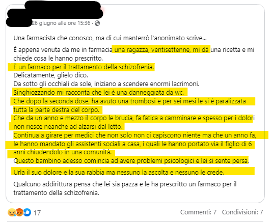 Singhiozzando mi racconta che lei è una danneggiata da vaccino covid
Che dopo la seconda dose, ha avuto una trombosi e per sei mesi le si è paralizzata tutta la parte destra del corpo.
Che da un anno e mezzo il corpo le brucia, fa fatica a camminare