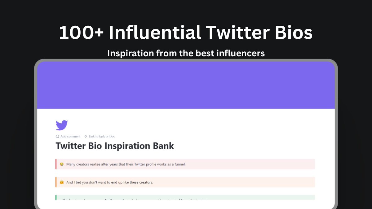 A perfect Twitter bio can help you reach $10,000/mo in sales.

But, you don’t learn from the best in the game.

I’ve prepared a resource that has Twitter bios of 100+ powerful Twitter influencers.

It is FREE for 24 hours.

After that, it will cost $$$.

To get it,
1. Like
2.