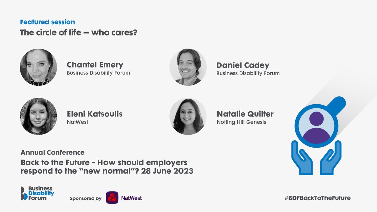 DisabilitySmart's tweet photo. Up next at our annual conference is a panel discussion on carers - how to balance caring responsibilities with work and what employers can do to help – with Natalie Quilter of @NHGhousing, Eleni Katsoulis of @NatWest Group, and our own Chantel Emery & @dcadey.
#BDFBackToTheFuture https://t.co/OSMU1cf3Yx
