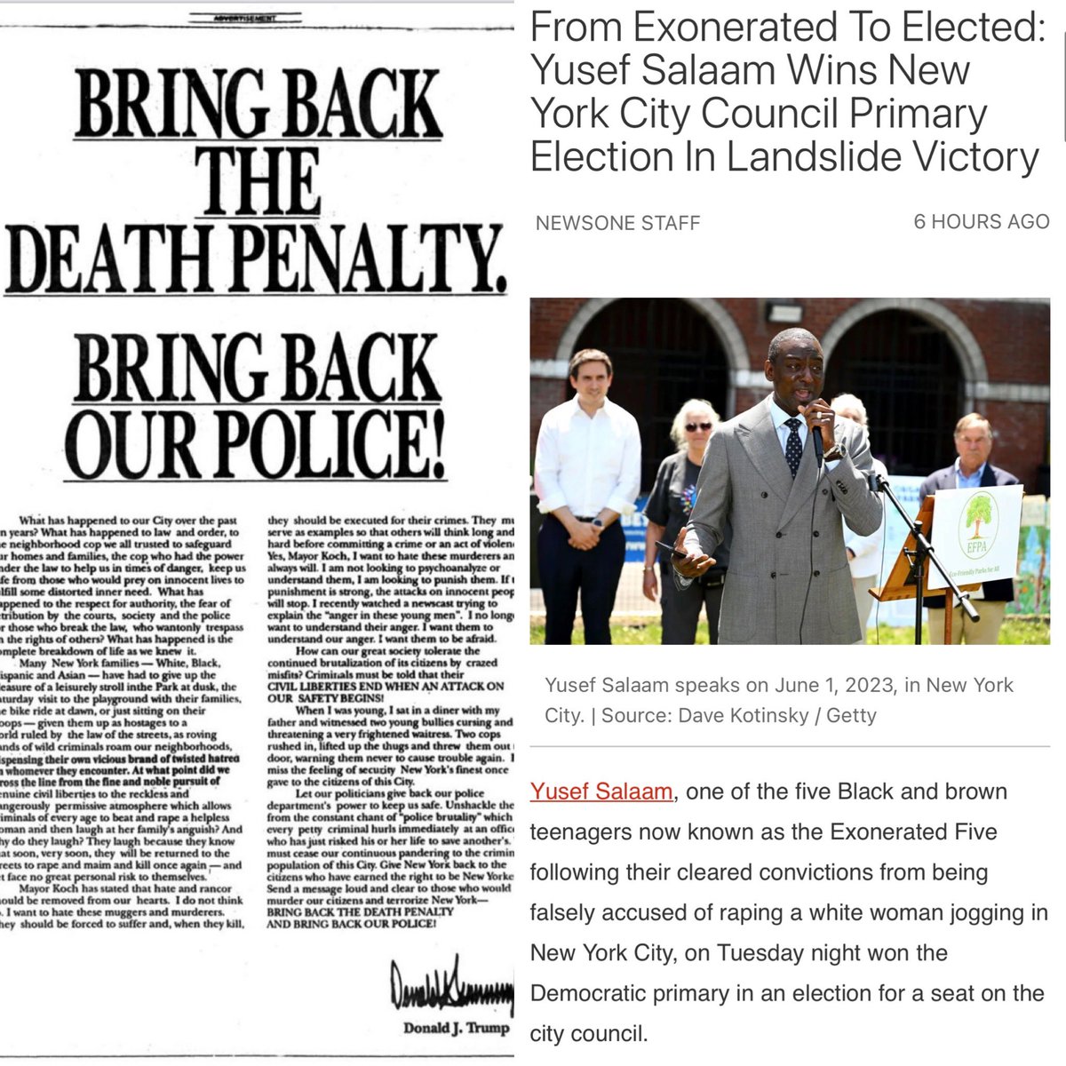 The man who called for the death penalty for Yusef Salaam 35 years ago in NYC—now himself faces criminal charges & life in prison.

Meanwhile Salaam was not only exonerated in full—he’s now an elected NYC Council Member.

The Universe bends towards justice & Karma bats at 1000.❤️