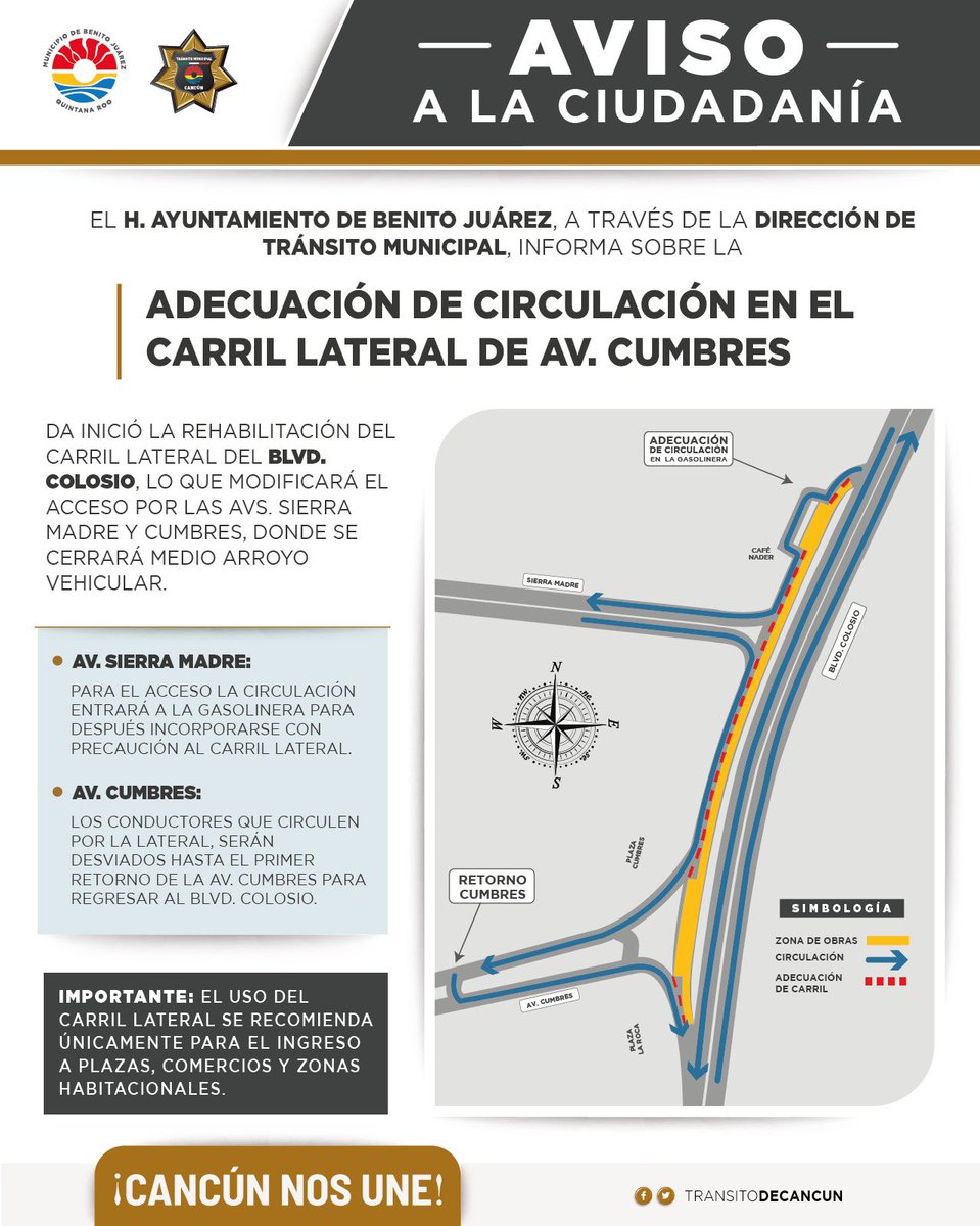 Cancunenses, les comparto aviso importante.

A través de la Dirección de Tránsito de Cancún , informamos la adecuación de circulación en el carril lateral de Avenida Cumbres.

Toma tus precauciones.
#CancúnNosUne 🤝