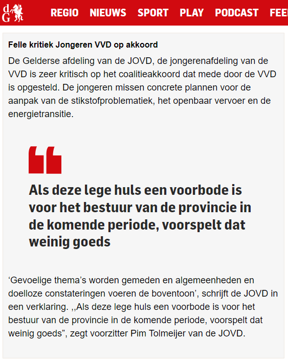 In De Gelderlander namens de <a href="/JOVDNijmegen/">JOVD Rijk van Nijmegen c.a.</a> mijn reactie op het Gelders coalitieakkoord: een lege huls, zonder concrete plannen. 🫣

Hopelijk is dit slappe akkoord geen voorbode voor de komende 4 jaar. Dus <a href="/VVDGelderland/">VVD Gelderland</a> en andere coalitiepartijen, aan de bak! 💪🏼