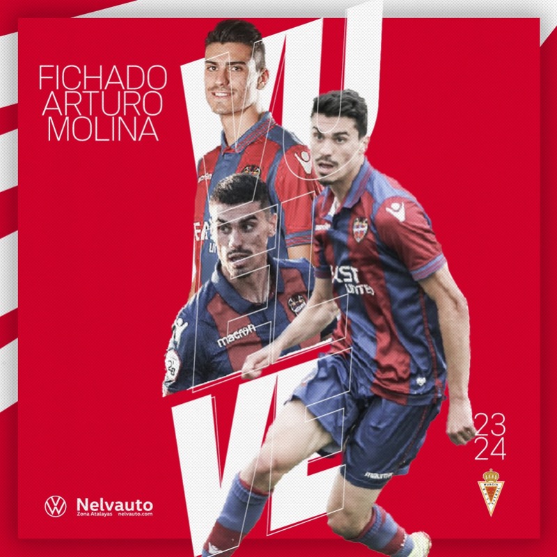 realmurciacfsad's tweet photo. FICHAJE | 𝗩𝗨𝗘𝗟𝗩𝗘
Arturo Molina, primer fichaje del Real Murcia C.F. 2023-2024 con @NELVAUTO 
#BienvenidoArturo
