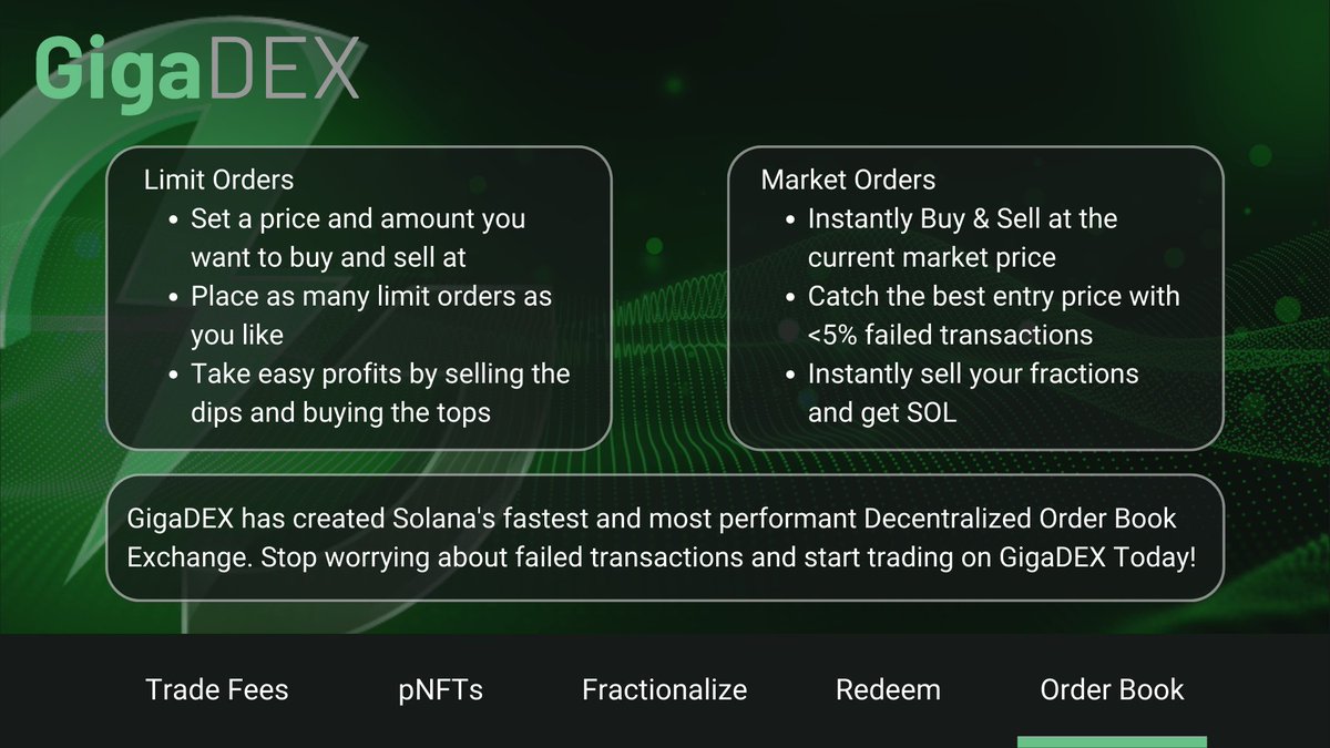 We aren't JUST an NFT fractionalization DEX

GigaDEX has the MOST performant order book on Solana

Built from the ground up our order book performs 2-3x faster than other implementations (crankless)

GigaDEX is not just the future of NFT trading but also the future of Solana