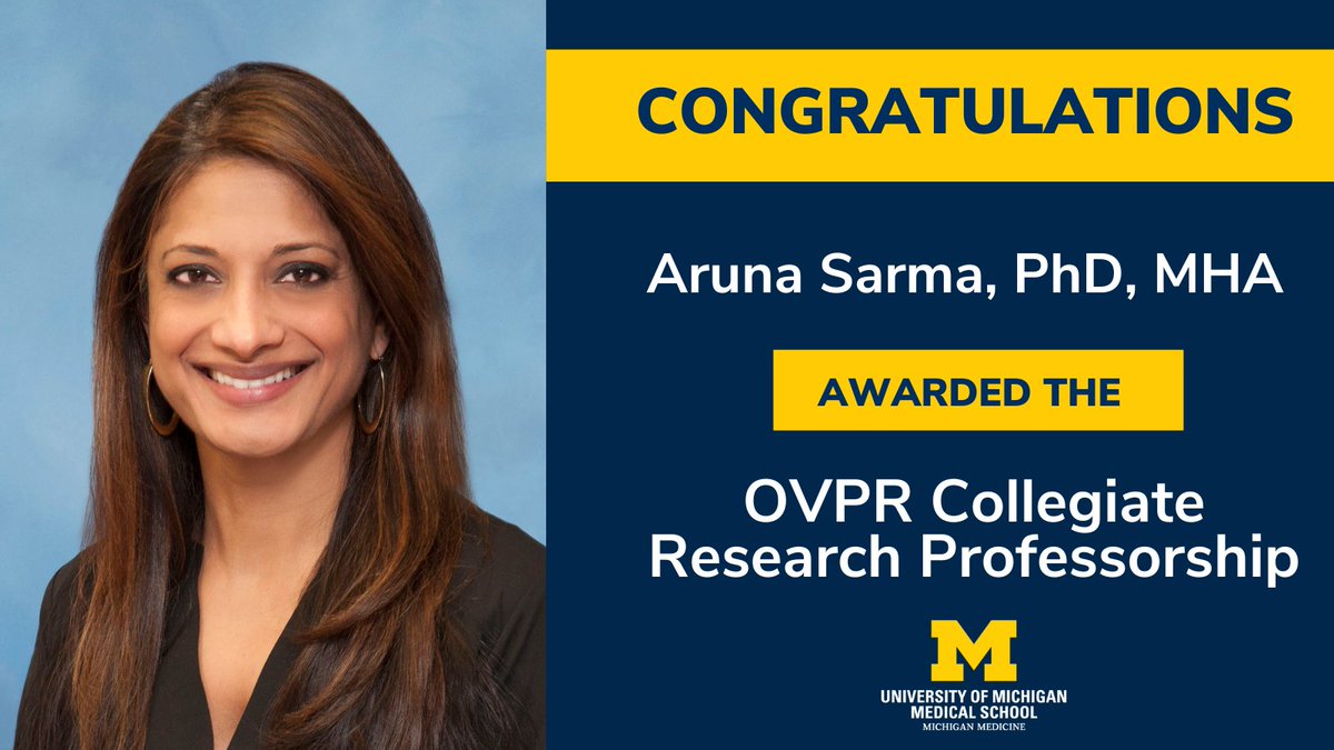 U-M Medical School Research (@umichmedscience) on Twitter photo Aruna Sarma (<a href="/asarma1870/">Aruna V. Sarma, PhD</a>), <a href="/UMichMedSchool/">University of Michigan Medical School</a> assist. dean for research faculty, was awarded the OVPR Collegiate Research Professorship. Sarma has made significant contributions in urologic research, authoring 100+ publications. Congrats! michmed.org/MMePq Aruna Sarma (<a href="/asarma1870/">Aruna V. Sarma, PhD</a>), <a href="/UMichMedSchool/">University of Michigan Medical School</a> assist. dean for research faculty, was awarded the OVPR Collegiate Research Professorship. Sarma has made significant contributions in urologic research, authoring 100+ publications. Congrats! michmed.org/MMePq