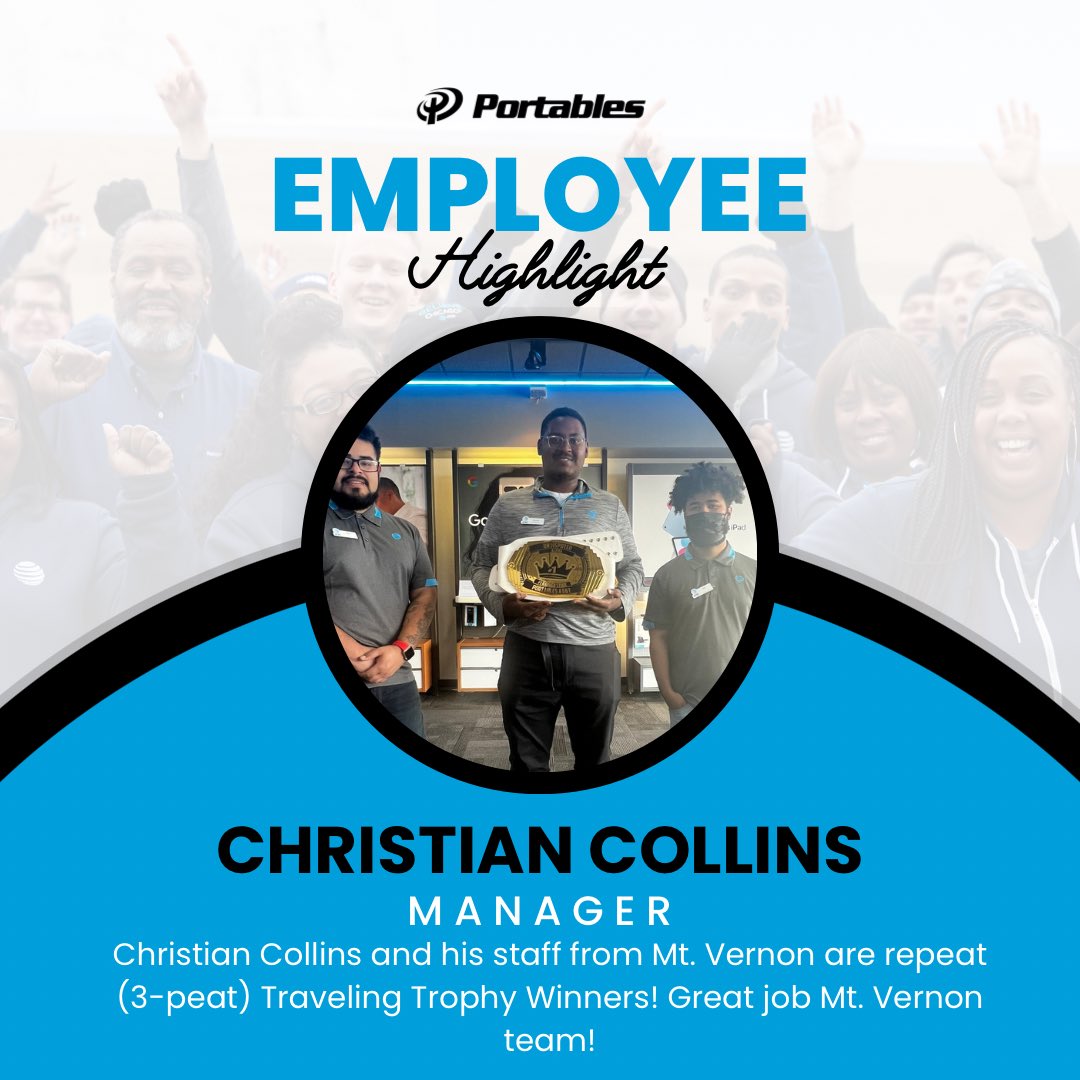 portablesusa's tweet photo. Great job @PortablesChris and the whole Mt. Vernon team! Keep it up! #winners #teamwork #employeehighlight #storesuccess #lifeatportables
@elthonmunoz @ATTPortablesEVD https://t.co/Se6skNcJD6