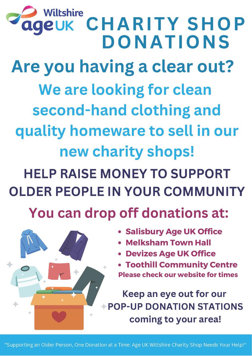 Big news! 
We're thrilled to announce we'll be opening new #charityshops soon! 🎉🛍️ But we need your help...
If you can support us by giving any pre-loved items you no longer need, you can help us provide vital services and support.

Find out more at ageukwiltshire.org.uk