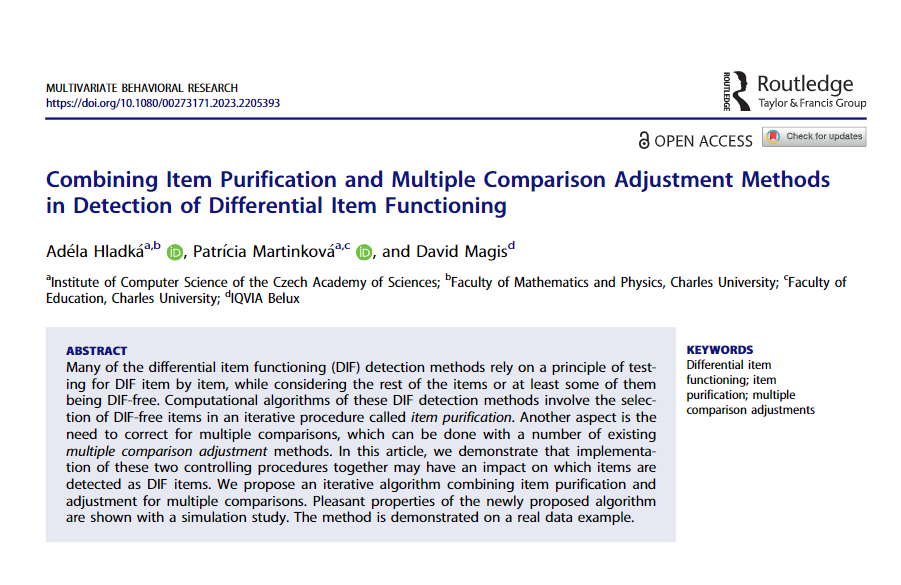 Our article „Combining Item Purification and Multiple Comparison Adjustment Methods in Detection of Differential Item Functioning“ is published in Multivariate Behavioral Research doi.org/10.1080/002731…
with Adéla Hladká and David Magis
#rstats #psychometrics
1/n