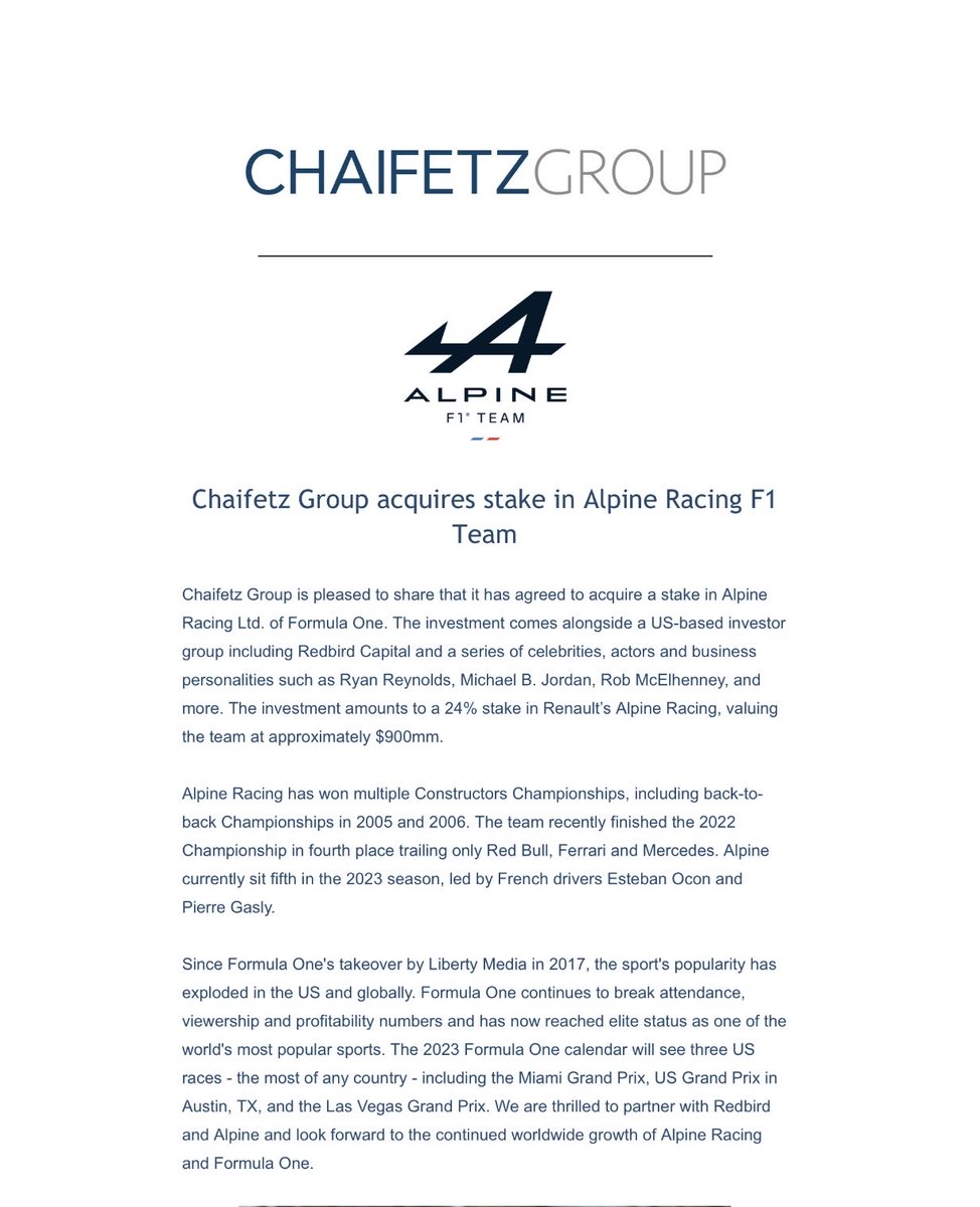 We are excited to share the news of our investment in Alpine Racing Limited of Formula One.