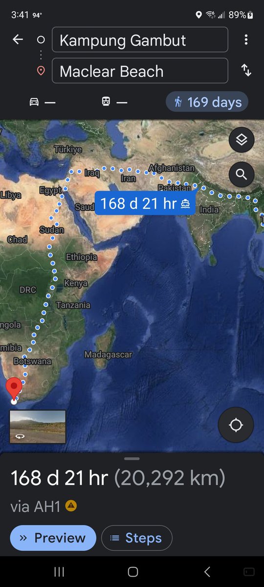 Trying to figure out what is the longest distance possible to walk on earth. I think I found it - 10k miles from Cape Hope, South Africa to Kampung Gambut. According to Google Maps it would take 169 days. Who wants to go for a stroll?