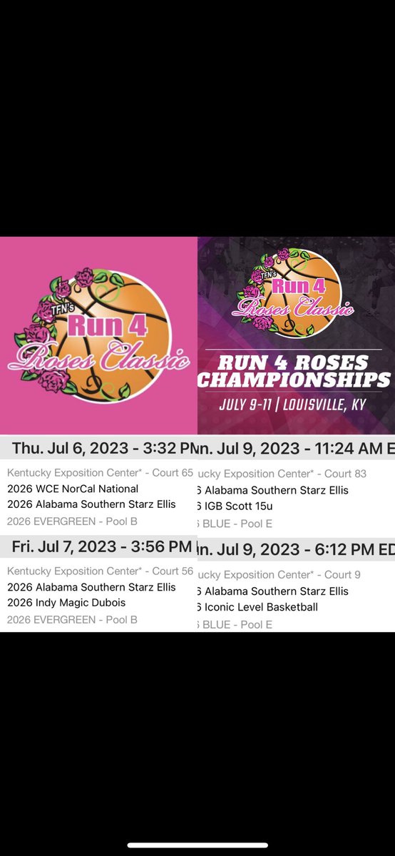 My schedule for  the Run 4 Roses tournament