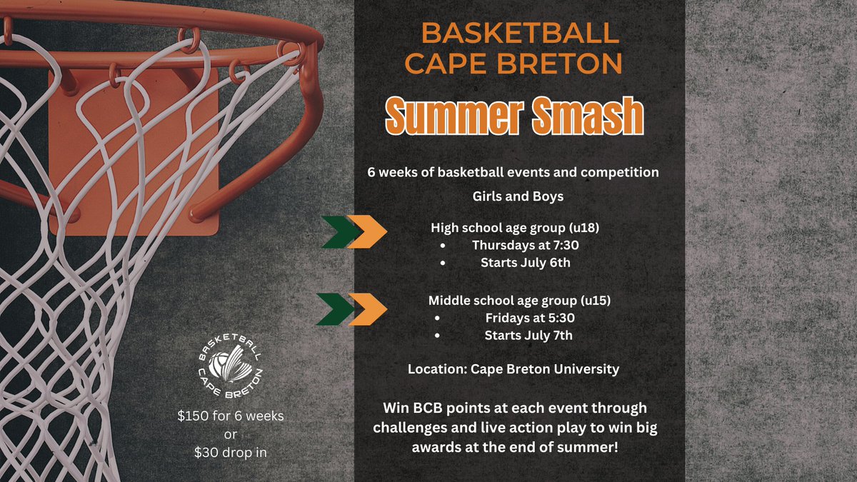 Basketball Cape Breton (@basketballcb) on Twitter photo Join our Summer Smash League!
Basketball Cape Breton is starting up a points league this summer involving skill development, live-action scrimmages and lots of fun.
Register with the link below
linktr.ee/basketballcb
For any questions email
Summer2023@basketballcapebreton.com Join our Summer Smash League!
Basketball Cape Breton is starting up a points league this summer involving skill development, live-action scrimmages and lots of fun.
Register with the link below
linktr.ee/basketballcb
For any questions email
Summer2023@basketballcapebreton.com