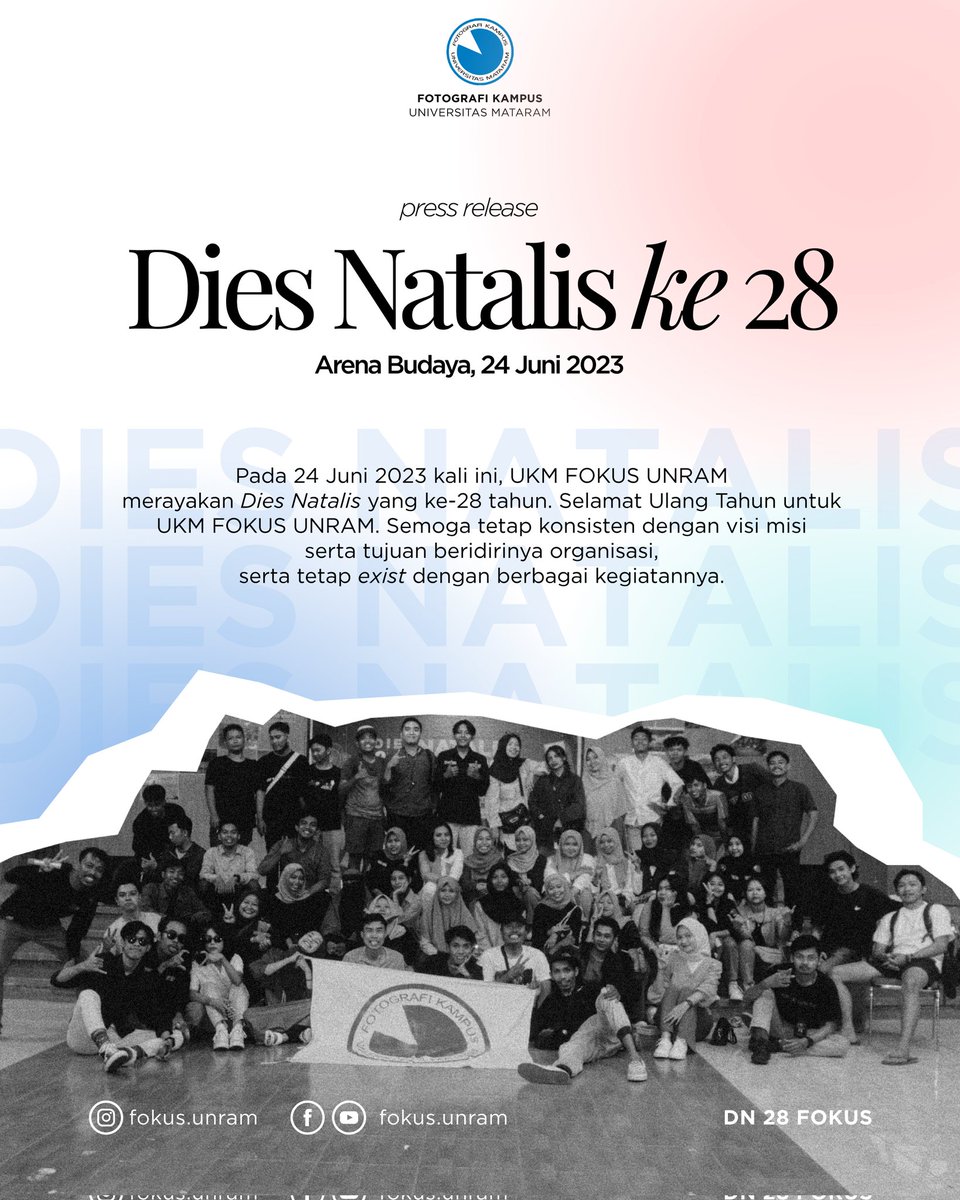 fokus_unram's tweet photo. Salam Fotografi
FOKUS!!

Dies Natalis UKM FOKUS UNRAM yang ke 28 telah dirayakan pada tanggal 24 Juni 2023 dengan tema Journey Of Light. Dengan harapan FOKUS ke depan bisa sukses dan jaya serta membawa harapan baru untuk generasi baru.
#fokusunram #journeyoflight #diesnatalis https://t.co/70xuTLp9VT