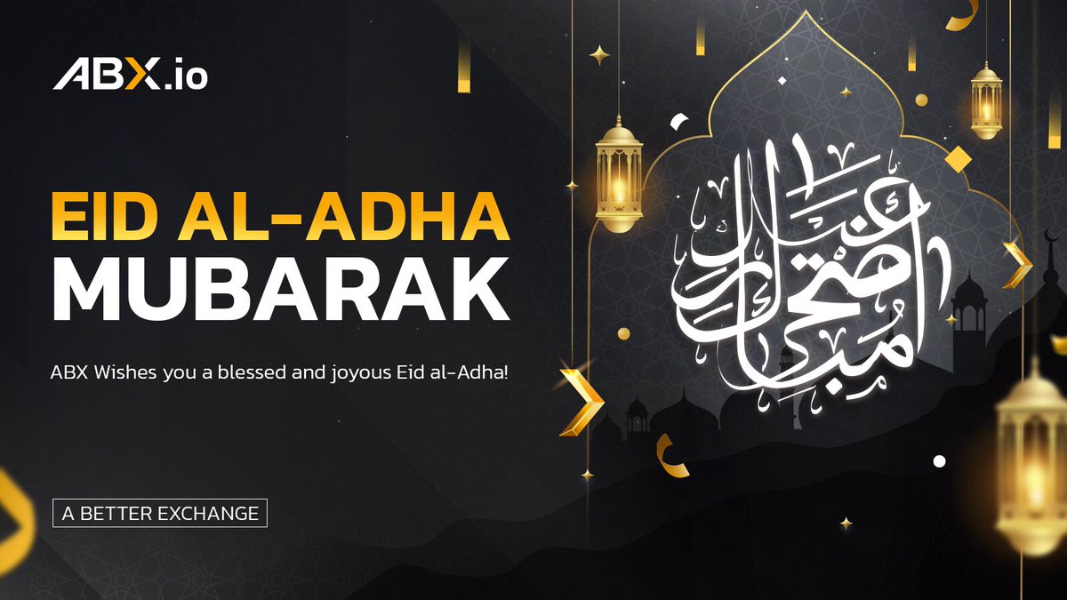 🎉🌙From all of us at ABX Exchange, we extend our warmest wishes to you on this blessed occasion of Eid Al-Adha. 🙏 
May your sacrifices be accepted and may this day bring you and your loved ones an abundance of joy, peace, and prosperity. 💖 Here's wishing you all the luck and