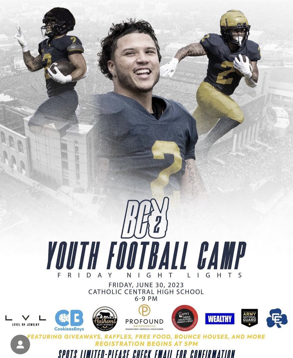 blake_corum's tweet image. Come Check out my BC2 Youth Football this Friday Night!! This unique skills camp will feature giveaways, raffles, free food, bounce houses, prizes, and more. There is no registration fee. Link to register is in my bio. It’s more than a camp, this is a community event!!