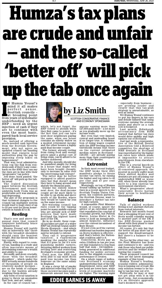 ScotTories's tweet photo. 💬 @mspliz: "Humza Yousaf's feuding, scandal-ridden administration is running out of road. His only solution seems to be trying to tax his way out of it."

Liz Smith on the SNP's plans to hike council tax by up to £741 per year👇 https://t.co/07DpSvs8rI