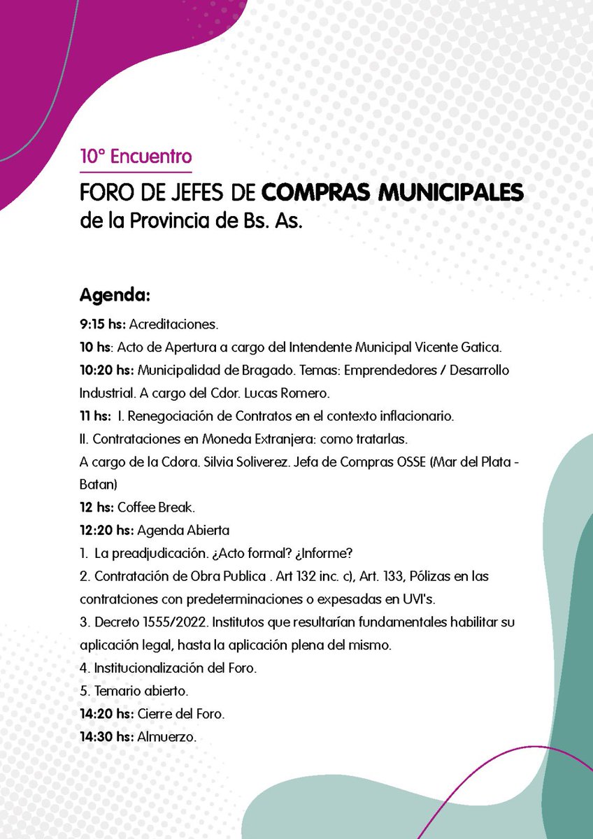 30 de Junio de 2023 
Encuentro FORO JEFES DE COMPRAS MUNICIPALES PBA 
<a href="/MIGobiernoPBA/">MIGobiernoPBA</a> <a href="/TribunalCuentas/">H. Tribunal de Cuentas</a> <a href="/cpcebuenosaires/">Consejo y Caja | Buenos Aires</a> <a href="/PrensaBragado/">Municipalidad de Bragado</a> @JefaturaPba <a href="/HCDiputadosBA/">Diputados BA</a> <a href="/Senado_BA/">Senado BA</a> <a href="/InnovacionAR/">Secretaría de Innovación, Ciencia y Tecnología</a> <a href="/FemapeBsAs/">FEMAPE</a> <a href="/eldialp/">Diario EL DIA de La Plata</a> <a href="/redfederal/">Red Federal UCR</a> <a href="/UapeArgentina/">UAPE</a>