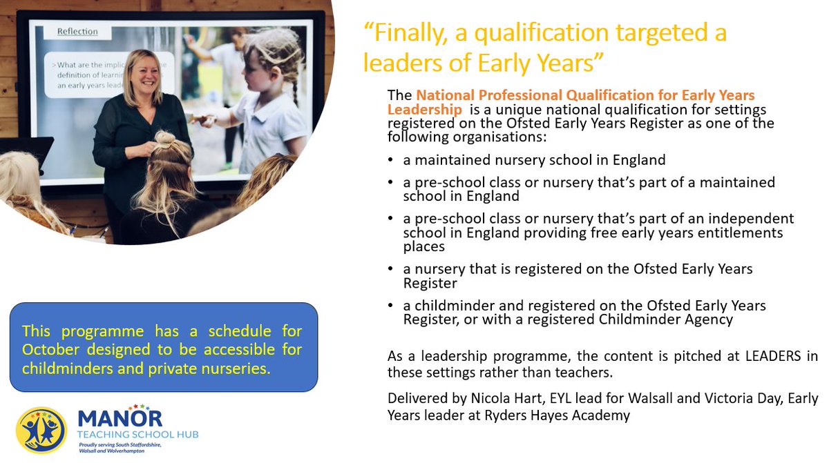 Joint working across four teaching school hubs in the WM (inc. <a href="/ManorTeach/">ManorTeachingSchoolHub</a>) who all use <a href="/Ambition_Inst/">Ambition Institute</a> NPQs. We are running a joint cohort for the EYL with a schedule accessible for childminders and private nurseries. manorteachingschoolhub.com/early-years-le…