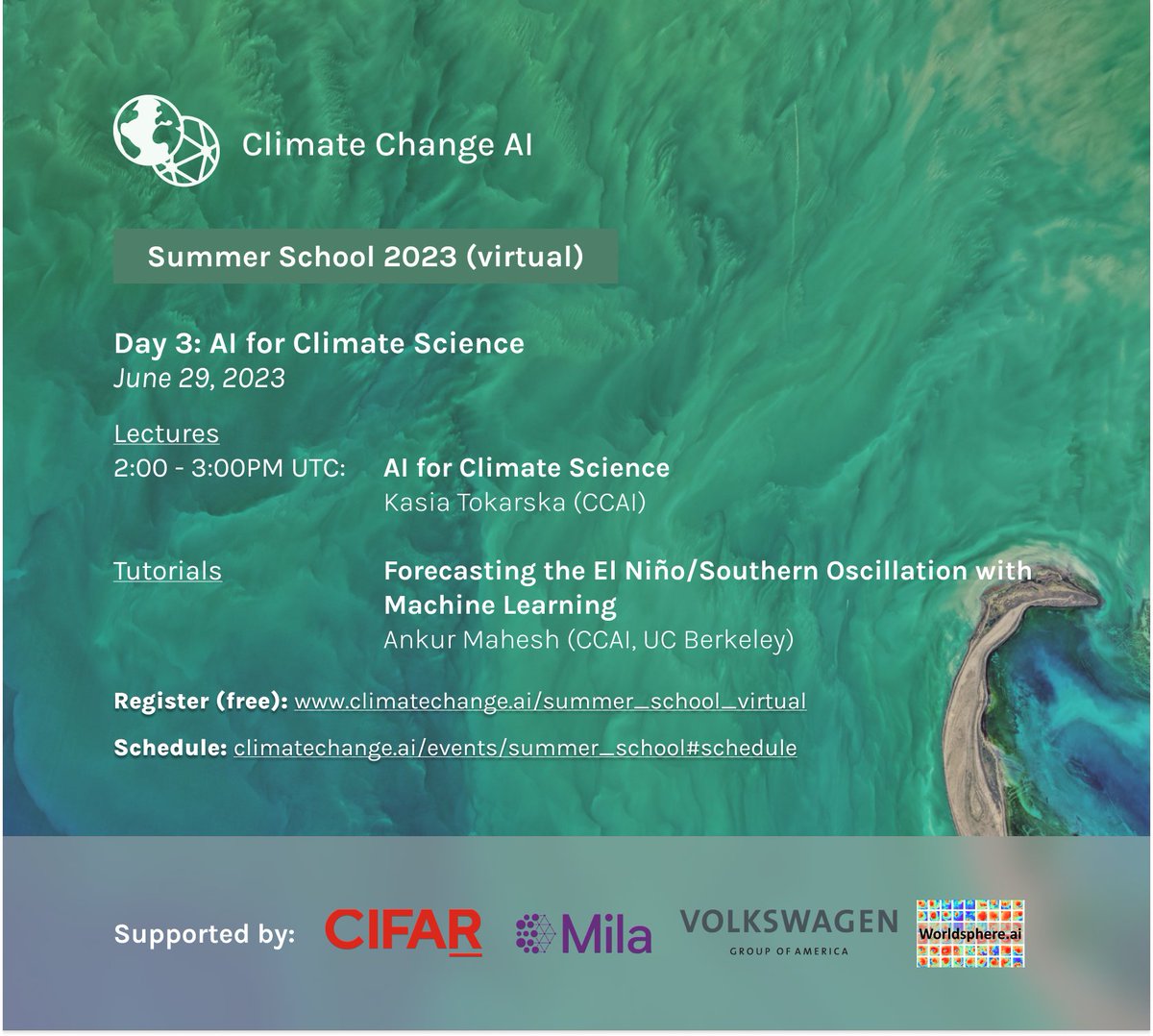 Climate Change AI (@climatechangeai) on Twitter photo Tomorrow, day 3⃣ of the CCAI Summer School will cover AI for #ClimateScience, featuring a lecture by <a href="/kasia_tokarska/">Dr Kasia Tokarska de los Santos</a> and a tutorial led by Ankur Mahesh (<a href="/UCBerkeley/">UC Berkeley</a>) on forecasting El Niño/Southern Oscillation (ENSO) using ML.
For more info 👉 climatechange.ai/events/summer_… Tomorrow, day 3⃣ of the CCAI Summer School will cover AI for #ClimateScience, featuring a lecture by <a href="/kasia_tokarska/">Dr Kasia Tokarska de los Santos</a> and a tutorial led by Ankur Mahesh (<a href="/UCBerkeley/">UC Berkeley</a>) on forecasting El Niño/Southern Oscillation (ENSO) using ML.
For more info 👉 climatechange.ai/events/summer_…