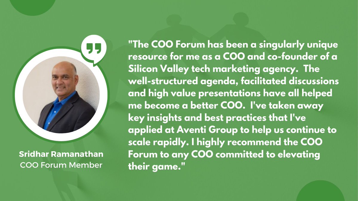 COOForum's tweet photo. Thank you, Sridhar Ramanathan, for sharing how the COO Forum has helped you to scale your business. https://t.co/BUwti2vhQy
#COOForum #operations https://t.co/0iHp2MJ9q4