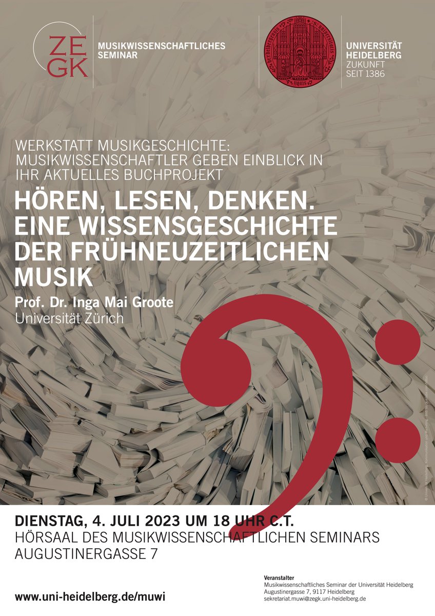 Am kommenden Dienstag, dem 4. Juli, gibt Prof. Dr. Inga Mai Groote (@_grootesk_) von der Universität Zürich an unserem Seminar einen Einblick in ihr aktuelles Buchprojekt zu einer #Wissensgeschichte frühneuzeitlicher Musik. Herzliche Einladung!