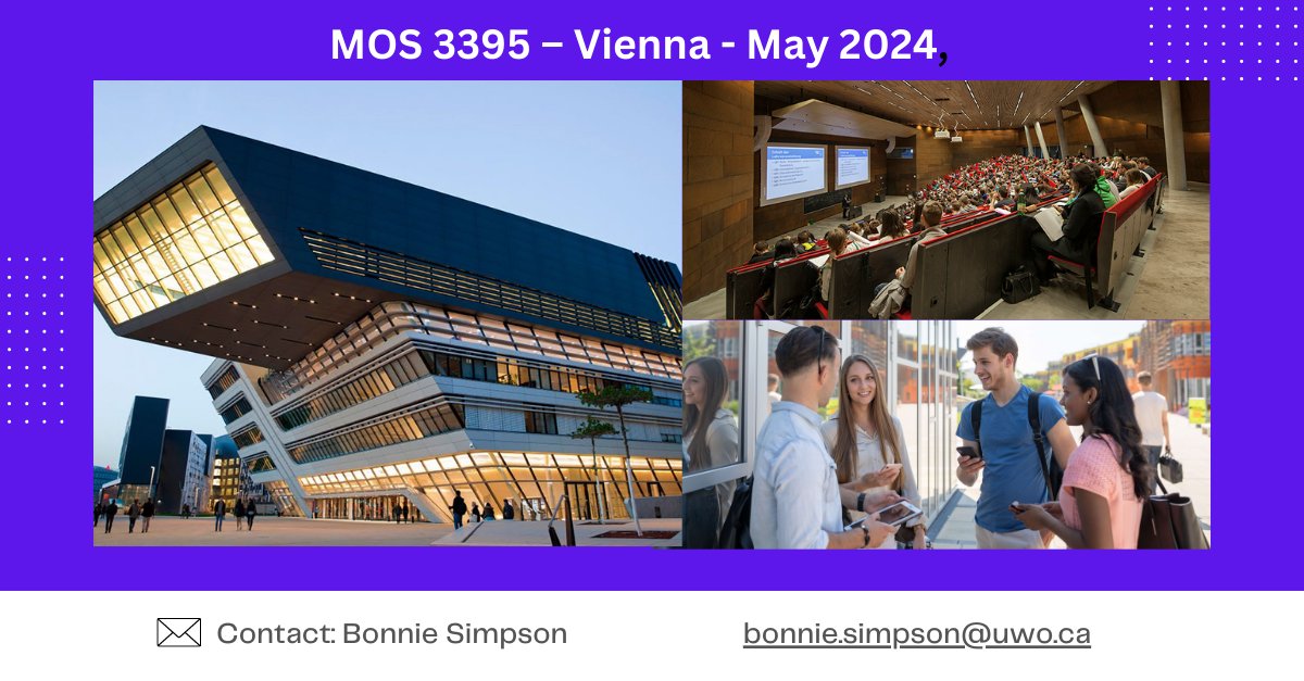 WesternUDANMOS's tweet photo. 📢Calling DAN Management Students!

Applications for MOS 3395 are OPEN! Study online and in Vienna, Austria in May 2024. 🌎

INTERESTED IN INFORMATION?

Zoom info session on July 11th at 7:00pm ET.
https://t.co/vH5YiMDq3p

Learn more and apply at: https://t.co/PnHozU1LMW https://t.co/NF6oenBEXV