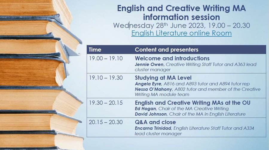 OU_Literature's tweet photo. Shout out to all @OpenUniversity #A334, #A335, #A363, #EA300 students. Come along this evening to this online session about the English and Creative Writing MAs. Last year, students found it super useful. https://t.co/5pY2Xc4eAb