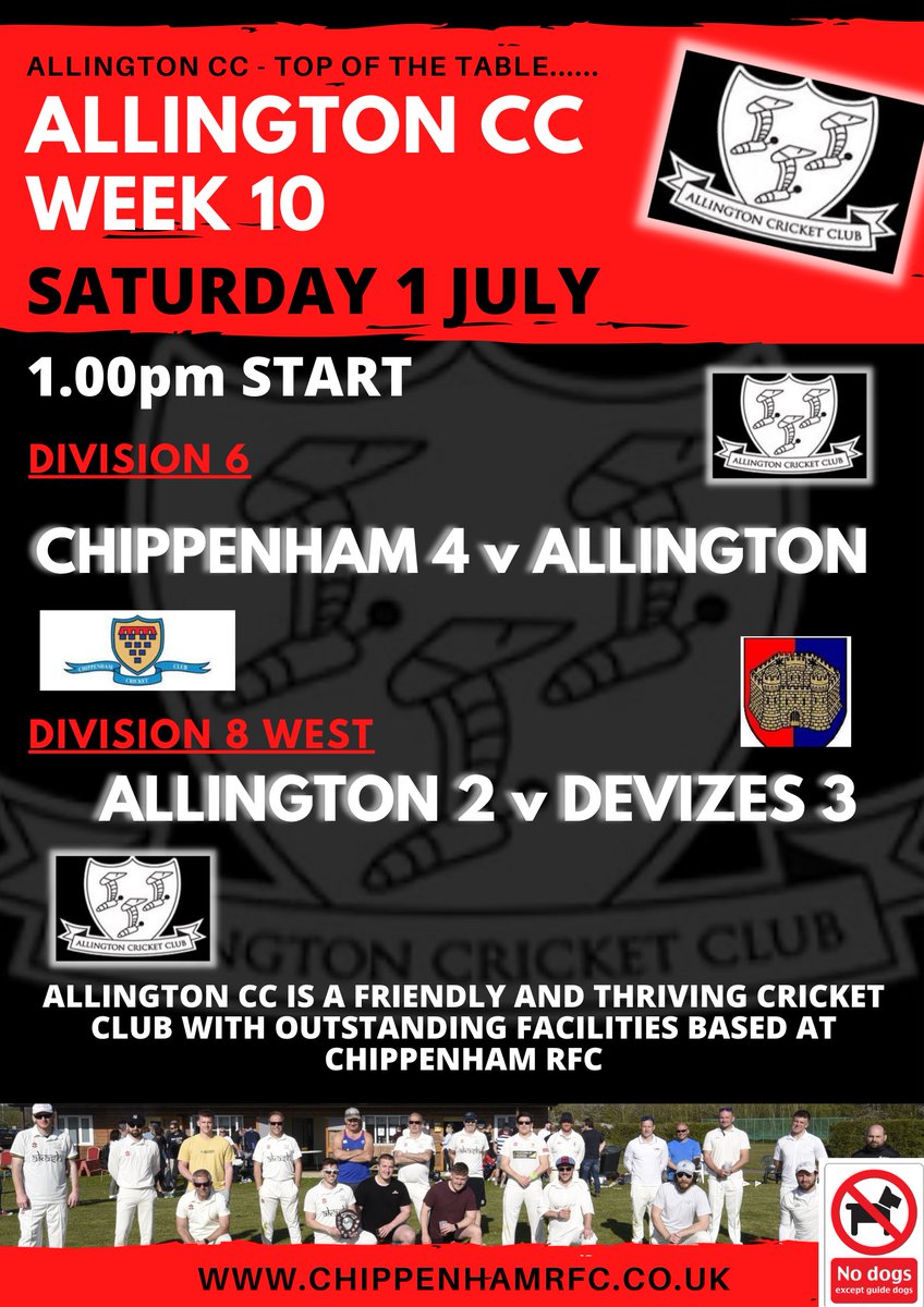 ChippenhamRFC's tweet photo. Big Local Cricket this week

Wednesday 6.00pm
@suttonbengercc v @allingtoncc 

Saturday 1.00pm
@chippenhamcc 4s v @allingtoncc 1s
@allingtoncc 2s v @DevizesCC 3's

Birch Grove Pavilion will be open, so come support the Ally Lads &amp; enjoy a chilled one 🍻
#RealCricket #Chippenham https://t.co/SsV7R3v1Xn