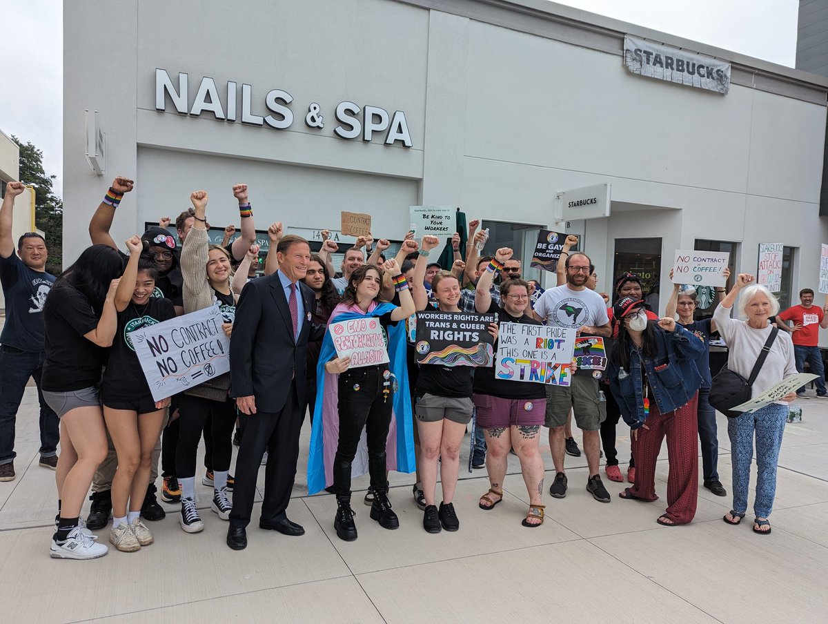 ConnAFLCIO's tweet photo. .@SenBlumenthal is proudly standing with baristas on strike in West Hartford with @CCSBWU as they fight for LGBTQ+ workers and demand the company bargain in good faith! https://t.co/OYHzVlbPpC