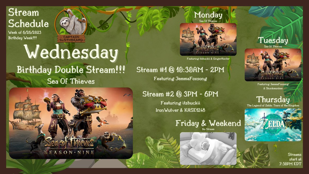 It's time for a Happy Birthday Double Stream Celebration Day!!! 🥳🥳🥳

Today, we sail with <a href="/JemmaFoxsong/">JemmaFoxsong</a> @ 10:30AM  until 2PM (just under an hour away???), then we set sail again with <a href="/itsbuckii/">Buckii🌙 Moon Dragon Vtuber</a>, <a href="/KASE1248/">🎃 KASE1248 🎃</a>, &amp; <a href="/lrnBruBoy/">IronWulver</a> @ 3PM to 6PM!!! (Eastern Time)

twitch.tv/captainslothbe…