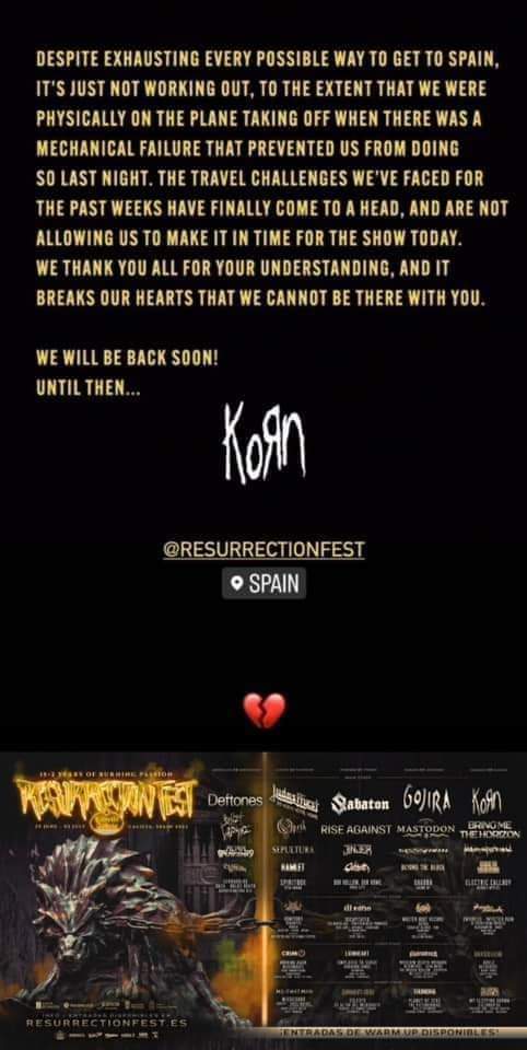 RED_Cstar's tweet photo. Realmente se iban a presentar? O #korn copió la cancelación de España? Este año tanto el #palnorte como #machaca me dejan sin confianza para creer sus lineups. Cómo s�� si van a cancelar  la banda q quiero ver? Q desagradable sentimiento. https://t.co/nErzFHhRJ3