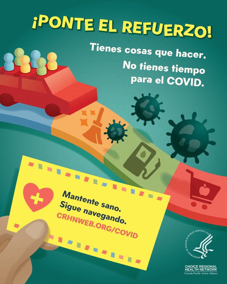 GET BOOSTED! You’ve got things to do. You don’t have time for COVID. Get boosted and keep cruising. ¡PONTE EL REFUERZO! Tienes cosas que hacer.  No tienes tiempo para el COVID.  Ponte el refuerzo y sigue navegando. crhnweb.org/covid