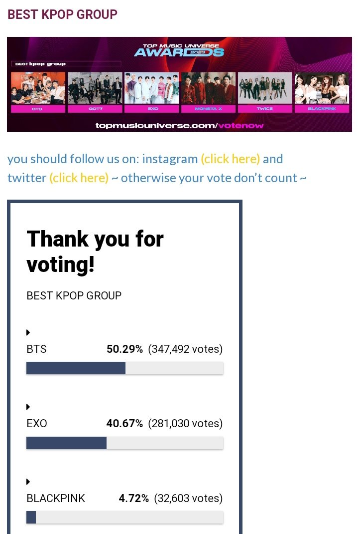 How to vote on #TMUAwards 

1. Follow them on Instagram: (@.TopMusicUniverse)
2. Follow them on Twitter: (@.TopMUniverse)
3. Vote BTS on:
      •BEST KPOP GROUP
      •BEST KPOP MALE GROUP
(topmusicuniverseawards.com/2023/05/top-mu…)
++
