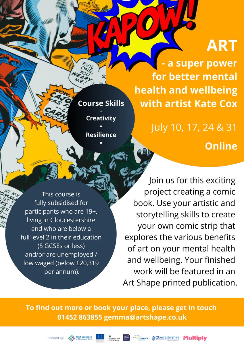 Join us for this exciting project creating a comic book. 
Learn online.
Book your place: 01452 863855 or gemma@artshape.co.uk
#artshape #learnonline #resilience #inclusiveart #getcreative #onlineartclass #local #glos #gloucestershire #mentalhealth #storytelling #wellbeing