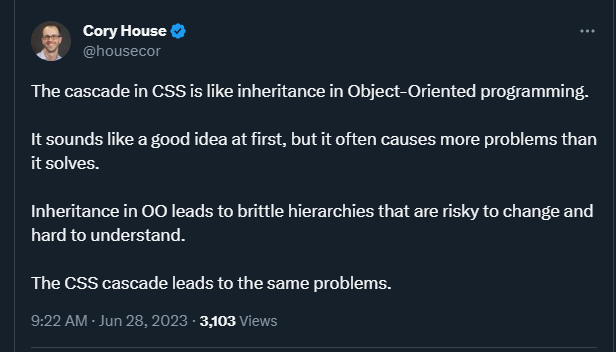 just gonna hugely disagree with this. i think it's wrong to compare the issues inheritance can cause in an OO code base to cascading style sheets. in fact, I would go so far as to say to rely on cascades before utility classes. also, they solve different problems.